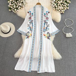Verão novas férias femininas praia estilo boêmia nação étnica bordado flor solto midi longo protetor solar capa casaco cardigã