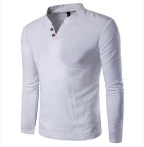 Erkek Slim Fit Uzun Kollu Gömlek Keten Tee Rahat Üst Bluz Katı Ofis Düğmesi Standı Yaka Erkekler Gömlek