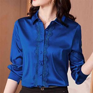 Koreanische Seide Frauen Shirts Frauen Satin Blusen Elegante Büro Dame Langarm Blusen Spitze Hemd Plus Größe Blusas Mujer De moda 210401