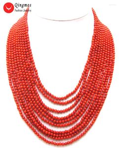 Girocolli Qingmos Collana rotonda in corallo rosso naturale da 3-4 mm per donna con collana in vera pietra 10 fili 18-25