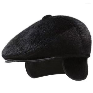 Berety ciepły zimowy kapelusz z uszami męski retro beret solidny czarny imitacja norki grube płaska głowa tata hatberrets wend22