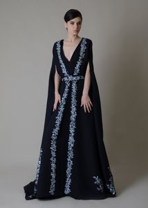 Eleganckie arabskie Dubaj Dubai Suknie wieczorowe z paskiem 2022 Srebrny zastosowany długi Przylądek Kaftan Formalne suknie imprezowe V-dół linię satynową sukienkę na studniówkę specjalną okazją