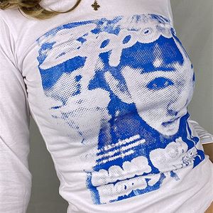 Gitana Grafika T Shirt Dla Kobiet Y2K Z Długim Rękawem Crop Topy Casual Vintage Odzież Moda Jesień Kawaii Harajuku Tee 220321