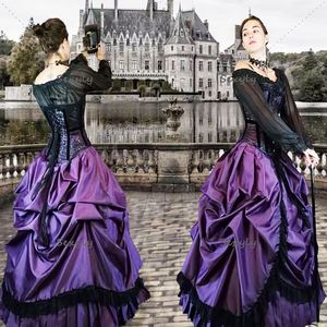 Retro Schwarz Lila Gothic Hochzeitskleid 2022 Schulterfrei Langarm Medieva Brautkleider Taffer Rüschen Spitze Zivile Braut Party Wear Vestido De Novia