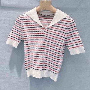 new style knitwear Navy collar stripe short versatile top thin ice silk sleeved clothes summer