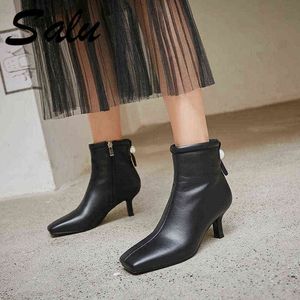 Dress Shoes Salu 100% Cow Leather Women Ankle Boots Woman High Heels Ladies Large Size 42 220318