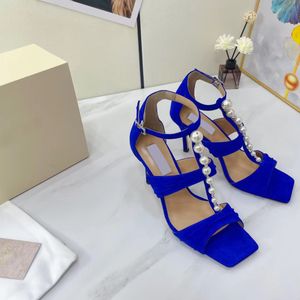 Classic Ladies Summer Sandals Designer Luxury Pearl Dress Shoes Sexy Square Toe Patent Leather Gold Ankle Strap Bridal Wedding Party Women Shoes EU35-41 With Box