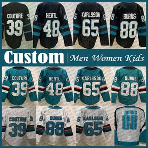 39 Logan Couture 65 Erik Karlsson Hockey Jersey Custom Tomas Hertl Kevin Labanc Kaapo Kahkonen Steven Lorentz Marc Edouard Vlasic Evgeny Svechnikov