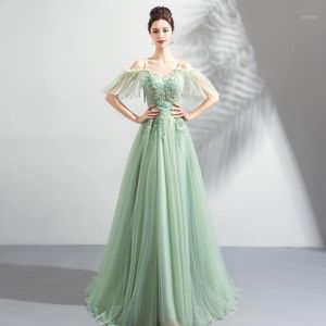 Party Dresses Fairy Prom Girls V-neck Short Sleeves Applique Beading Mint Green Floor Length Evening Gowns Vestido De Graduation Dress