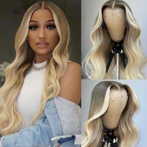 Baby Hair Pre-Draged Lace Paryks 26 tums Body Wave Remy Brazilian Platinum Bloode Highlight 13 * 6lace Front Wig Human Hair Priplucked With Baby for Women
