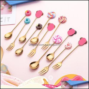 Spoons Flatware Kitchen Dining Bar Home Garden Stainless Steel Spoon Stirring Coffee Childrens Lovely Ice Cream Fork Cartoon Fruit Drop D