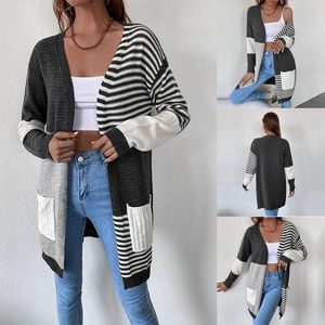 Kadın Ceketleri Kadın Açık Ön Hardigan Çizgili Renk Blok Uzun Kollu Sonbahar Örgü Sweater Dış Giyim Koyu Greywomen's
