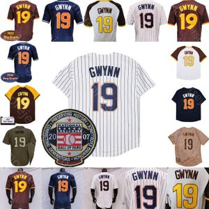 Tony Gwynn Jersey 빈티지 2007 명예의 전당 패치 1978 1982 네이비 화이트 커피 버튼 핀스트라이프 메쉬 BP 플레이어 풀오버 성인