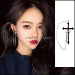 Dangle Chandelier Earrings Jewelry 1Pc Punk Hip Hop Spike Cross Ear Cuff Wrap Long Chain Piercing Earring European Style Women Party 3662