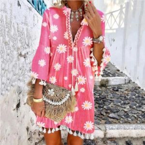 Casual Kleider Boho Vintage Sexy Frauen Sommerkleid Rosa Blumendruck Lose Plus Größe Sommerkleid Party Strand Mini 2022 Ropa de Mujer