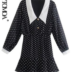 KPYTOMOA Kadınlar Moda Polka Dot Baskı Pileli Yarı Sırf Mini Elbise Vintage Uzun Kollu Yan Fermuar Kadın Elbiseler Mujer 220406