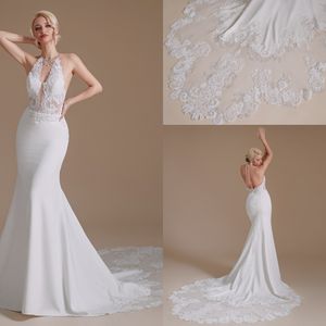 Halter Lace Mermaid Wedding Dresses Sheer Applique Beaded Backless Sweep Train Boho Summer Beach Beach Bridal Gowns vestidos de novia 웨딩 드레스 CPS1994