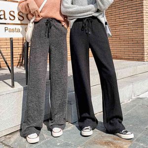 Pantaloni maglione addensati Donna Autunno Inverno Pantaloni gamba larga Pantaloni larghi dritti Pantaloni casual a vita alta di grandi dimensioni con lacci in vita elastica 210412