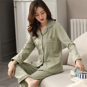 Mulheres 100% pijamas de algodão para a primavera verde sleepwear senhoras dormir pijamas mujer casa roupas pijama 220329