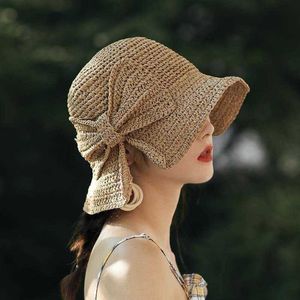 100% Raffia Bow Sun Hat Grande Brim Floppy Verão Chapéus Para Mulheres Praia Panamá Palha Cúpula Bucket Hat Shade Chapéu