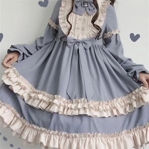 Hstar Süßes Damen-Lolita-OP-Kleid mit Volantbesatz, japanisches Harajuku-Kleid mit langen Ärmeln, viktorianisches Kleid, Vestidos, Gothic-Lolita-Cosplay, 220418