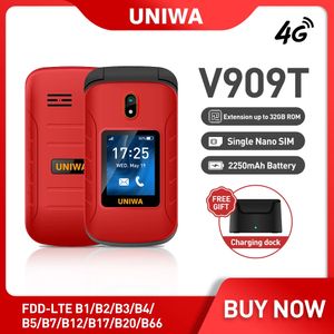 Original UNIWA V909T Big Push-Button 4G Flip Mobile Phone Dual Screen 0.3mp Camera FM Radio Large Keyboard SOS Clamshell Cellphone For old man