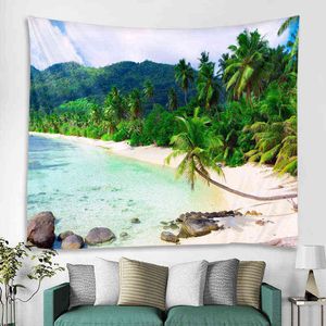 3D Seaside Coconut Tree Landscape Decoration Tapestry Curtain Nordic Bohemian Hippie Wall Bedroom J220804