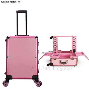 New Trolley Cosmetic Bag Large Capacity Profession Makeup Case Rolling Luggage With Led Light Multifunctional J220708 J220708