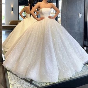 Sparkling Ball Gown Wedding Dresses Strapless Appliqued Sleeveless Sequins Lace Bridal Gowns Custom Made Abiti Da Sposa