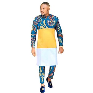 Men's Tracksuits Modern Design Men's Long Shirts Pant Sets Print Patchwork Tops Wax Trousers Custom African Wedding/Party ClothesMen's