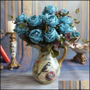 装飾的な花の花輪お祝いパーティー用品ホームガーデン卸売ヨーロッパ13ヘッドリッチローズ1ブーケペインティングペーニー人工vi