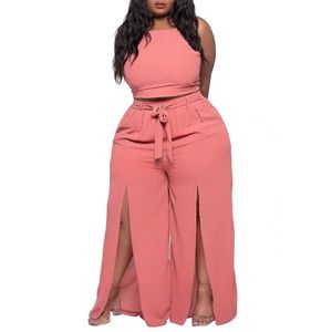 Women's Plus Size Tracksuits Two Piece Women Sets Sleeveless Halter Cross Backless Crop Tops Outfits 2022 Summer Split Sexy Wide Leg Pant Su