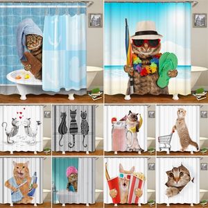 Lovely Cat Polyester Fabric Shower Curtain for Bathroom Decoration Cute Funny Animal Waterproof Bath Screen with 12 Hooks 220429