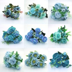 Dekoratif Çiçek Çelenkleri Mavi Sonbahar Sahte Çay Gül Şeytan İpek Çiçek Gerbera Daisy Yapay Plastik Düğün Ev Aksesuarları Dekoratio