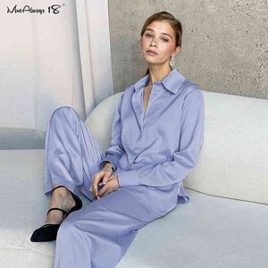 mnealways18ブルーエレガント2ピース女性パンツスーツオフィスサテン衣装ボタンシャツと幅の広い脚長パンツ特大スーツレディースT220729
