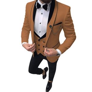 Brand New Brown Groom Tuxedos Shawl Lapel Slim Fit Groomsmen Wedding Dress Excellent Man Jacket Blazer 3 Piece Suit Jacket Pants Vest Tie 1295