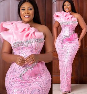 2022 Plus Storlek Arabisk Aso Ebi Rosa Lyxig Sparkly Prom Klänningar Sequined Lace Evening Formell Party Andra Receptionen Födelsedag Engagemang Klänningar Klänning Zj775