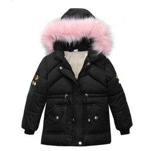 3-6 anos de inverno Mantenha a jaqueta de garotas quentes lã de lã espessante de roupas com capuz para meninas flores bordadas nas mangas J220718