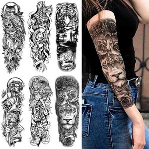 NXY Geçici Dövme Uzun Kollu Aslan S Için Kadın Erkek Siyah Baykuş Kaplan Sticker Sahte Çiçek Kafatası Su Geçirmez Tam Arm Tatoos 0330