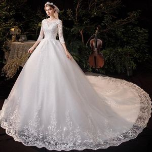 Andere Brautkleider Luxus Big Sweep Train Reinweißes Kleid 2022 Einfaches O-Ausschnitt Dreiviertelärmel Spitze Blume Plus Size BrautkleidAndere