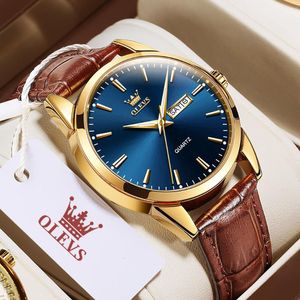 Armbandsur Top Brand Men's Watches Original Simple Blue Face Quartz Wristwatch för man vattentät läderband