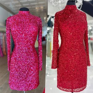 Paillettes Abiti da ritorno a casa 2022 Guaina Collo alto Maniche lunghe Prom Abiti da spettacolo Evento formale NYE Cocktail Party Wear Buco della serratura aperto Indietro Corto Rosso Fucsia Hoco Blu