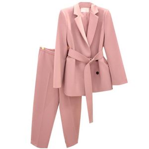 Calças de duas peças femininas Spring Autumn Women Lace Up Pant Titne Anded Blazer Jacket Office Wear Suits Setswomen's