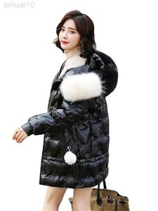 2022 Winter Frauen Neue Waschen-freies Glänzende Unten Baumwolle Jacke Koreanischen Stil Schlanke Mid-länge Gepolsterte Jacke Mit kapuze Oberbekleidung Tops L220730