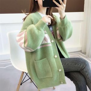 Kadın Örgü Tees Yeşil Avrupa Blok Hırdi Uzun Kollu Sweater Gevşek Ceket Rahat dış Giyim Bezi Kız Ceketi V yaka üstleri giysiler fo