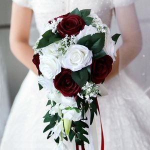 Wholesale artificial bouquets for bridesmaids resale online - Waterfall Wedding Bride Bouquet Bridesmaid Hand Tied Artificial Flower Decor Home Holiday Party Supply Floral European Rose Gift
