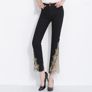 Jeans femininos Ferzige Brand 2022 Beautiful Bordado Flare Pants Mulheres Streetwear Skinny High Waist Lady Plus Tamanho Blue Black Troushers