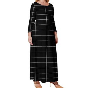 Plus Size Dresses Vintage Nordic Lines Dress Long Sleeve Grid Black Party Maxi Aesthetic Print Boho Beach 5XLPlus