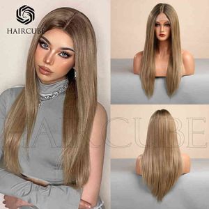 Style front lace women's wig medium dyed light brown long straight hair for daily use 220527