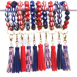 Wood Bead Armband Party Favor Independence Day Pärlor Key Chain American Flag Tassel Wristband Pendant Fashion Wristlet Bandles Holder Wrist Ring Jewelry B8163